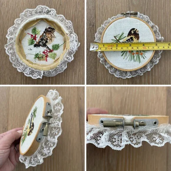 Handmade Birds Embroidery Hoop Art Wall Hanging Lace Needlepoint Sparrow Finch - Picture 12 of 13